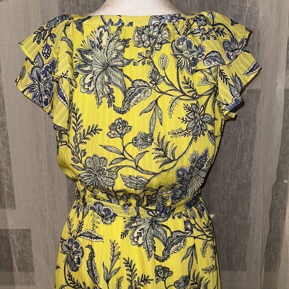 LOFT S Neon Yellow Blue White Floral Flutter Short Sleeve A-Line Belted Dress - Picture 4 of 10